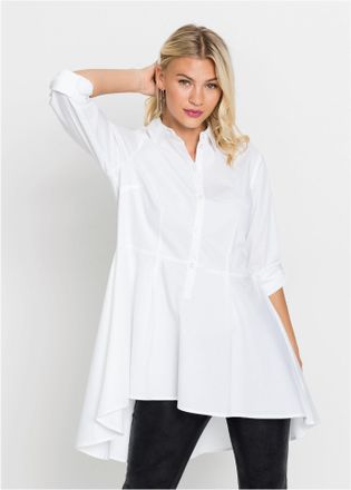 Bonprix Longbluse BONPRIX, Damen, Gr. 38, weiss (wei&szlig;), Obermaterial: 97% Baumwolle, 3% Elasthan, ausgestellt, Blusen Longbluse, ausgestellte Passform, aus Ba