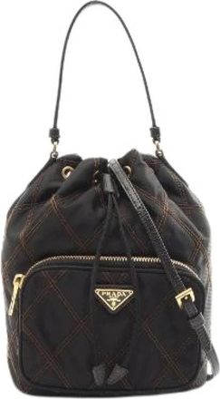 Prada Pre-owned Bucket Bags, female, Black, Size: ONE SIZE Pre-owned Duet Quilting Nylon Saffiano Leather 2way Handbag