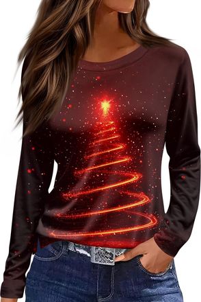 Generic Christmas Jumpers for Women UK, Christmastree Funny Graphic Tops Snowflake Printed Sweatshirt Crew Neck Long Sleeve Pullover Xams Holiday Blouse,Red,L