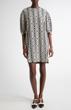 Max Mara Gustavo Monogram Puff Sleeve Cotton Piqu&eacute; Dress in White/Blue at Nordstrom, Size 14