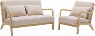 Sweeek Banqueta de 2 plazas + sillón de tela beige y madera, beige