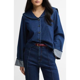 Barbour Dartmoor Sailor Collar Button-Up Shirt in Mid Wash Indigo at Nordstrom, Size 14 Us