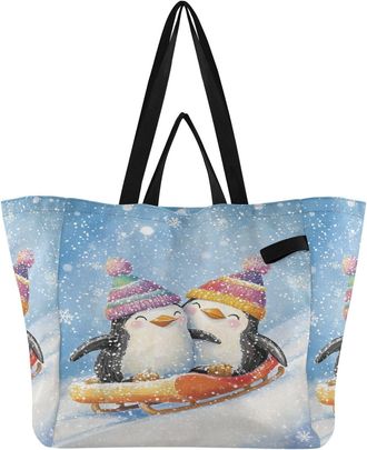 Generic Penguin Winter Hats Blue print Reusable Canvas Tote Bag, Heavy Duty Grocery Shopping Bag with Large Capacity Double Handles Hard Bottom Work Groceries