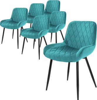 ML Design Ml-design - 6x Sillas De Comedor Turquesa Estilo Retro Asiento Tapizado Aspecto De Terciopelo Patas De Metal Negras Con Respaldo Y Apoyabrazos Sill&oacute;n 