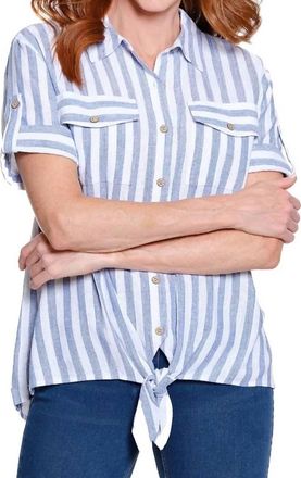Multiples Drop Shoulder Tie Waist Button Front Shirt In Cadet Blue