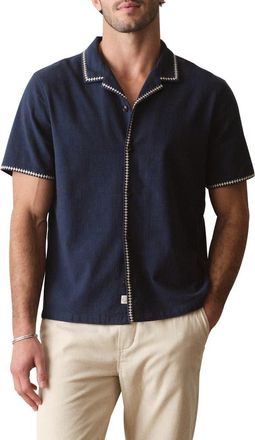 Marine Layer Embroidered Slub Cotton Camp Shirt in India Ink at Nordstrom, Size X-Large