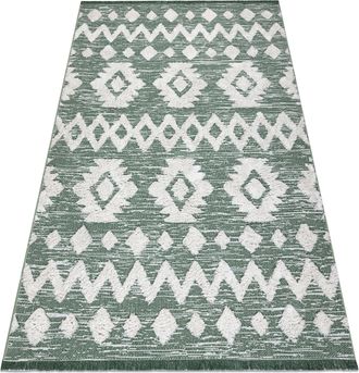 RugsX Alfombra Eco Sisal Boho Moroc Etno Zigzag 22319 Franjas - Dos Niveles De Vell&oacute;n Verde / Crema, Alfombra Reciclada Green 117x170 Cm