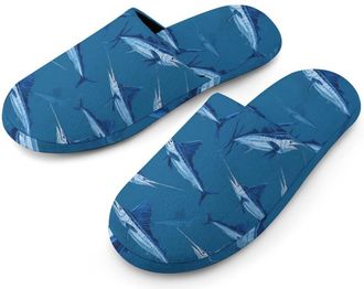 Generic Blue Marlin Fish Mens Slippers Flannel Warm House Shoes with Rubber Anti-Slip Sole Slip On for Home Outdoor