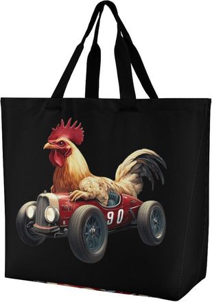 Generic Rooster Drive A Racing Car Large Reusable Shopping Bag Lightweight Foldable Tote Bags Washable Shoulder Handbag