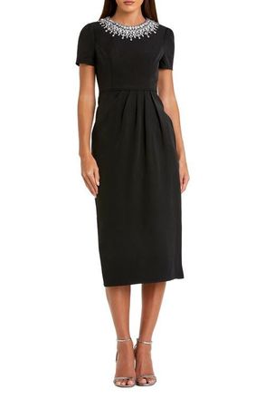 Mac Duggal Petite Short Sleeve Rhinestone Neckline Midi Dress in Black at Nordstrom, Size 10P