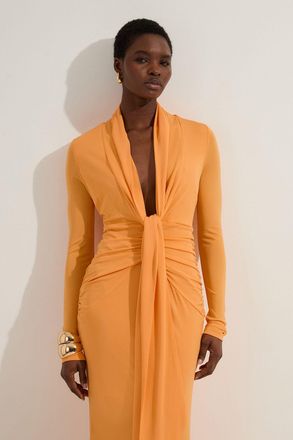 Karen Millen Womens Premium Stretch Crepe Jersey Plunge Neck Maxi Dress - Orange Viscose - Size X-Small