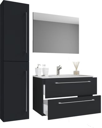 ebuy24 Ebuy24 - Vcm 4 Piezas Lavabo Lavabo Gabinete Inferior Ancho 80 Cm Muebles De Ba&ntilde;o Conjunto Con Cajones Espejo De Puertas Giratorias Badinos (negro)