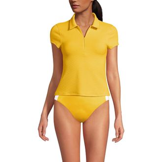 Lands End Short Sleeve Pique Johnny Collar UPF 50 Rash Guard in Bright Lemon at Nordstrom, Size X-Large