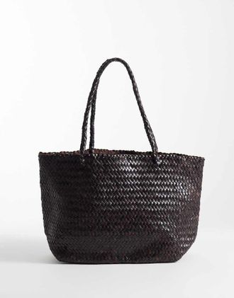 Mango Borsa shopping in 100% pelle intrecciata color cioccolato-Marrone