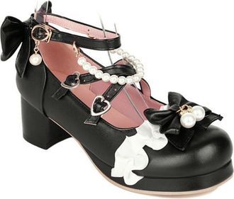 Generic Womens Chunky Heel Platform Pumps with Bowknot & Pearls, Cross Ankle Strap, Lolita Style,Black,5.5 UK