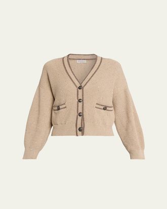 Brunello Cucinelli Paillette English Rib V-Neck Cardigan