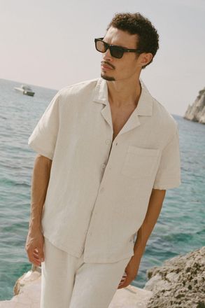 Alo | Linen Days Short Sleeve Button Up Top in Bone, Size: Medium