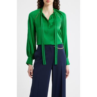 Elie Tahari The Angie Tie Neck Stretch Silk Top in Green Lark at Nordstrom, Size X-Small