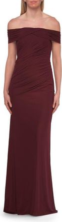 La Femme Off-the-Shoulder Ruched Jersey Gown in Wine at Nordstrom, Size 14