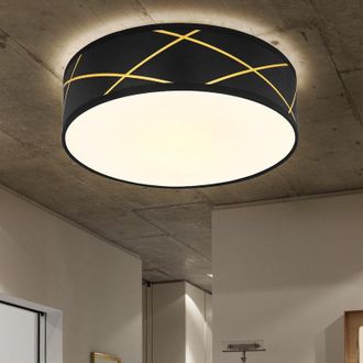 ETC Shop Etc-shop - Plafoniera tonda in tessuto nero, plafoniera in tessuto opaco, plafoniera per camera da letto, con paralume in tessuto color oro, DxH