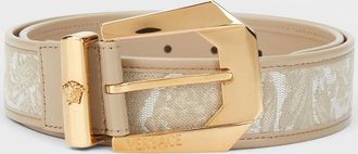 Versace Womens Logo Jacquard Belt Beige Gold - Size: 65CM