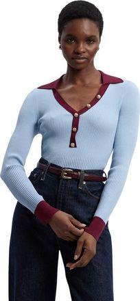 Karen Millen Rib Knit Contrast Hem Collared Top in Light Blue at Nordstrom, Size X-Small
