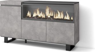 Skraut Home Aparadores Para Sal&oacute;n, Gran Capacidad De Almacenaje, 160, 3 Puertas, Chimenea El&eacute;ctrica Xxl, Dise&ntilde;o Industrial, Estilo Moderno, Gris Cemento - Skraut 