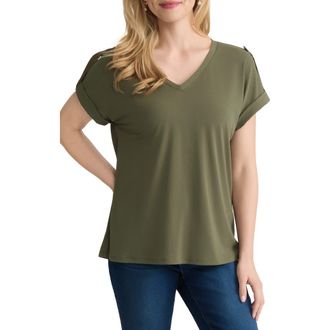 Jones New York Extended Shoulder Roll Tab Cuff V-Neck T-Shirt in Jasper Green at Nordstrom, Size X-Small