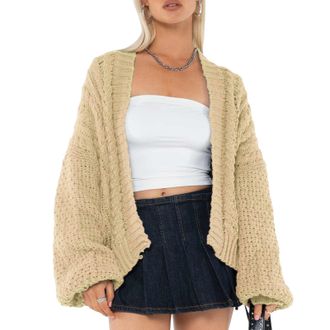 Generic HzDazrl Womens Long Sleeve Open Front Knitted Crop Cardigan V Neck Button Down Cable Knit Sweaters Cute Jumpers Top (Solid Khaki, S)