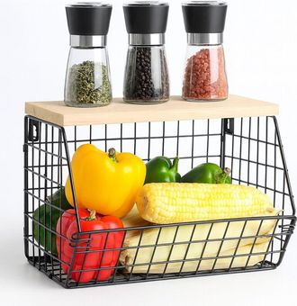 Relaxdays Relaxdays Wall-Mounted Fruit Basket, Storage Shelf, Hanging Kitchen Organizer, HWD 22x30x20 cm, Metal Mesh, Black/Nat