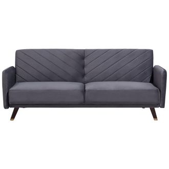 Beliani Sof&aacute; Cama 3 Plazas De Terciopelo Gris Madera Oscura Reclinable Senja
