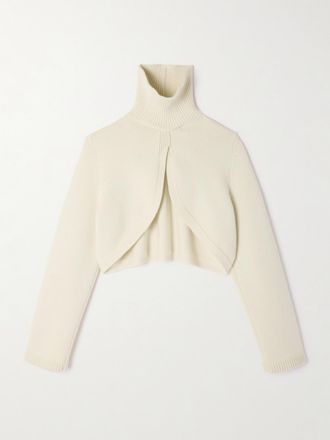 Alaia Pullover Cropped A Collo Alto In Misto Cashmere - Avorio