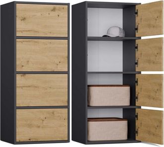 Topeshop Alma - Comò alto a 4 ante con apertura tip-on - Antracite e rovere artigianale