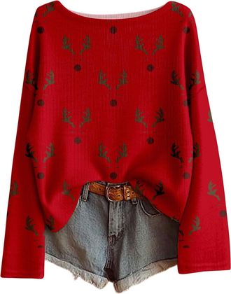 Generic Womens Christmas T Shirts Funny Christmas Funny Xmas Tree Snowman Print Tops Loose Long-Sleeved Sweater Casual Pullover Knitted Top with Multiple Desi