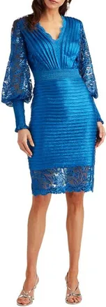 Tadashi Shoji Pleated Sequin Lace Long Sleeve Chiffon Dress in Pacific Blue at Nordstrom, Size 14