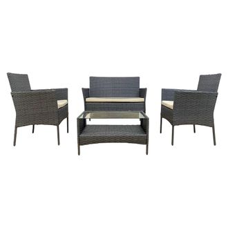 Mobili Rebecca Conjunto de jard&iacute;n 4 plazas de polirrat&aacute;n gris con cojines beige