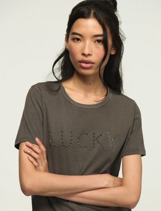Lucky Brand Womens Embellished Lucky Star Classic Crew