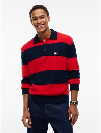 Tommy Hilfiger Mens Tommy Jeans Rugby Stripe Sweater Polo - Scarlet Flare - L