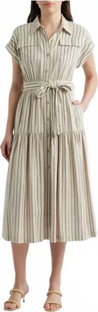 ZOE AND CLAIRE Belted Linen Midi Shirtdress In Stripe