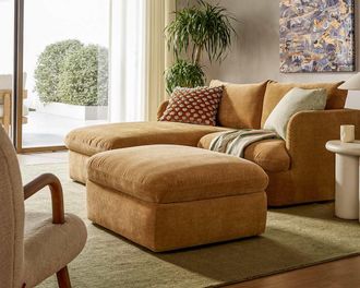 Castlery Ollie Storage Small Chaise Sectional Sofa Left Facing with Ottoman, Mustard Brown, Removable Covers, Gaslift Storage