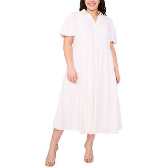 CeCe by Cynthia Steffe Puff Sleeve Tiered Linen Blend Maxi Shirtdress in Ultra White at Nordstrom, Size 1X