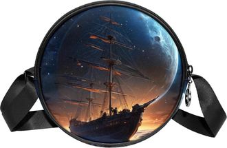 Generic Circle Crossbody Bag for Women, Ancient Space Ship Small Sling Bag Daypack with Zipper Adjustable Shoulder Straps Casual Ladies Girls Round Purse