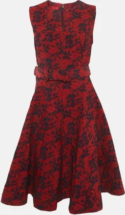 Carolina Herrera Red Embossed Floral Print Belted Mini Dress