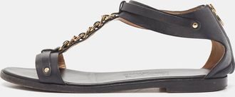 Ferragamo Black Leather T Chan Detail Flat Sandals