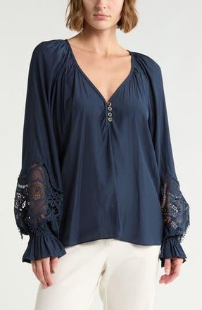 Ramy Brook Irina Lace Trim Long Sleeve Top in Navy at Nordstrom Rack, Size X-Small