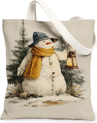 Generic Winter Snow Man Canvas Tote Bags, Festive Snow Man Design Reusable Bags, Cozy Vintage Lightweight Washable Canvas for Trave, Beige, 13x15 Inch