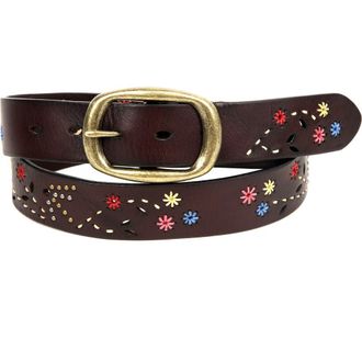 OLD TREND Blossom Genuine Leather Hand Stitched Colorful Detail Belt in Brown at Nordstrom, Size Medium