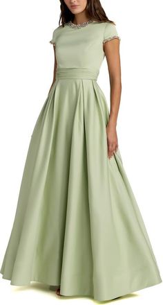 Mac Duggal Embellished Satin Cap Sleeve Ball Gown in Sage at Nordstrom, Size 16