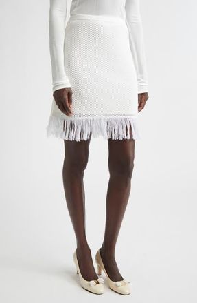 Ferragamo Open Knit Fringe Short Sleeve Virgin Wool Sweater Skirt in White at Nordstrom, Size X-Large