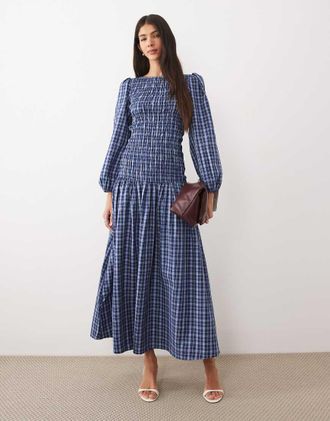 Asos Vestito lungo a maniche lunghe arricciato blu a quadri
